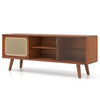TV stand featuring rattan accents and sliding glass doors, part of a 3-piece wood living room set for stylish storage.