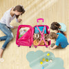 Bright pink kids carry-on luggage set with adjustable handle, open and filled with toys, ideal for travel and outdoor.