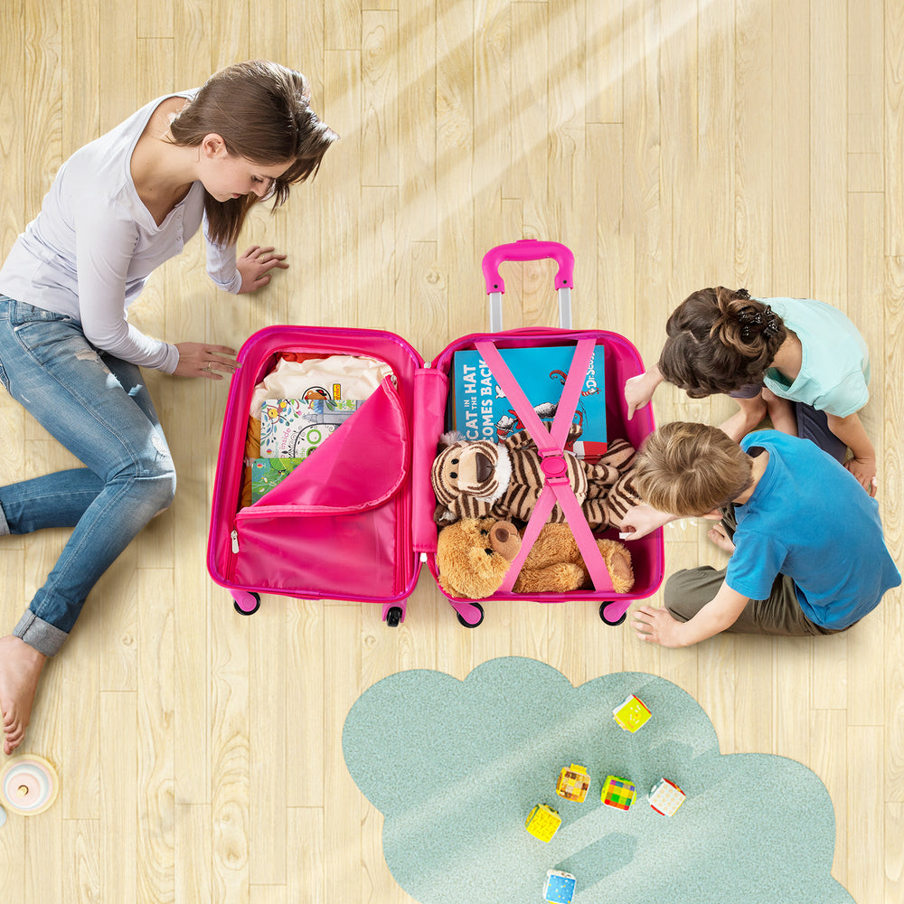 Bright pink kids carry-on luggage set with adjustable handle, open and filled with toys, ideal for travel and outdoor.