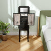 Standing jewelry box in black with 4 drawers and 2 side doors, featuring a mirror and ample storage for all jewelry.