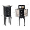 Side view of the black standing jewelry box showcasing five drawers and two doors for versatile jewelry storage.