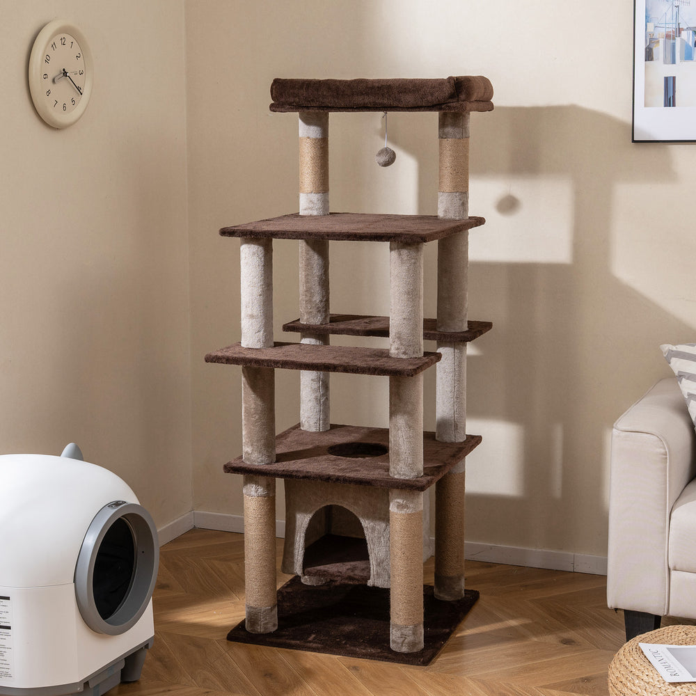 Multi-level 58-inch cat tree in brown with swaying condo, plush perch, and scratching posts for feline fun and security.