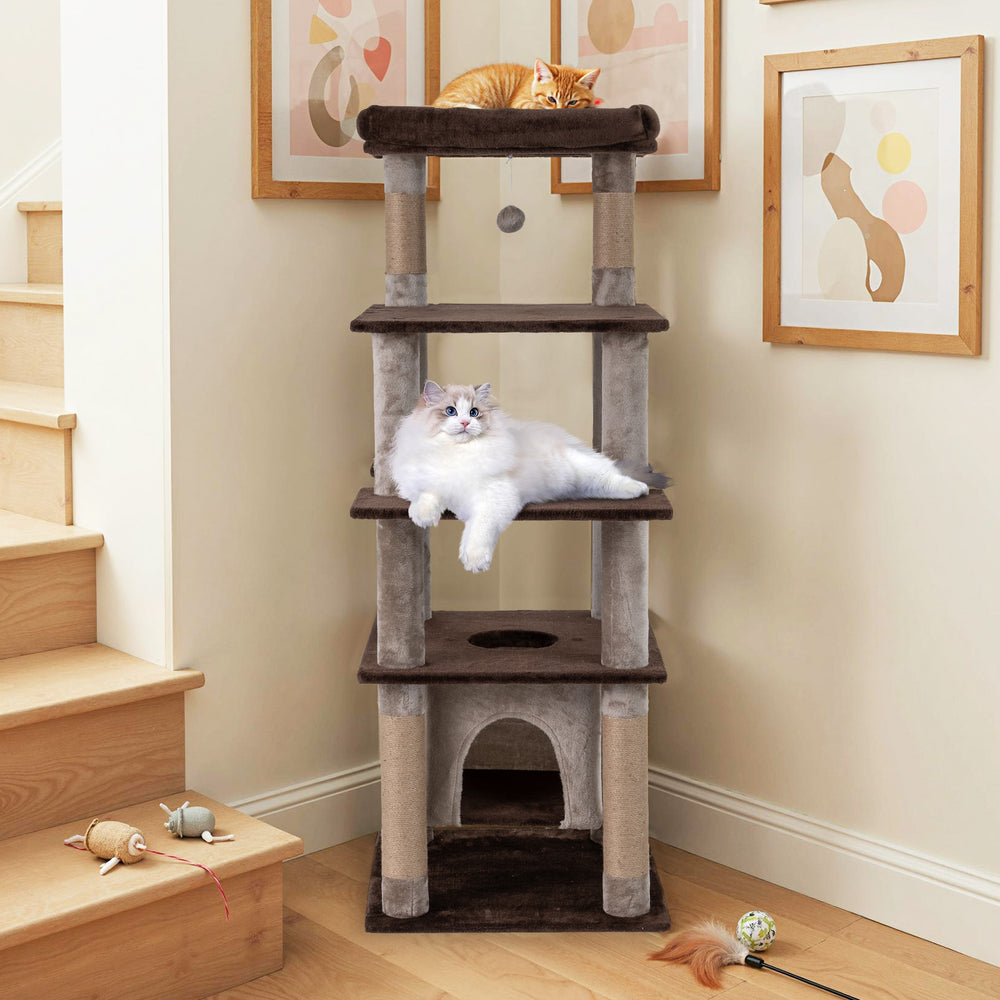 Multi-level 58-inch cat tree in brown with plush perch, swaying condo, and scratching posts for feline fun and security.