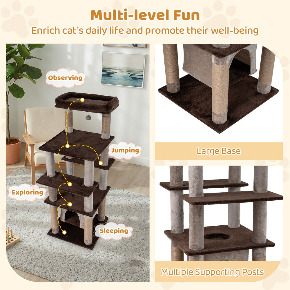 Multi-level 58-inch cat tree in brown with swaying condo, plush perch, and multiple scratching posts for feline fun.