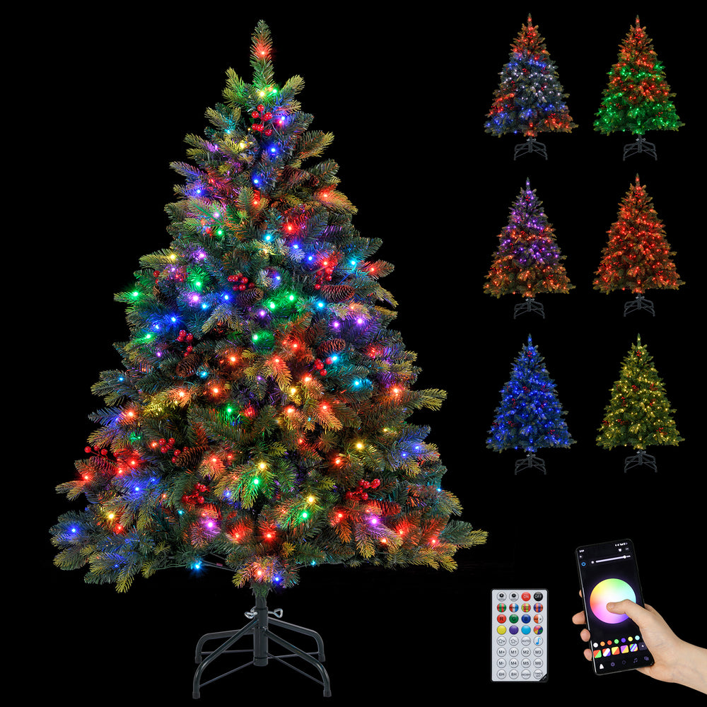 5 FT artificial Christmas tree with multicolored LED lights, remote control, and lush branch tips for festive decor.