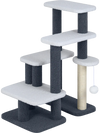 Gray 2-in-1 cat stairs and tree tower with four platforms, scratching post, and hanging toy ball for playful climbing.