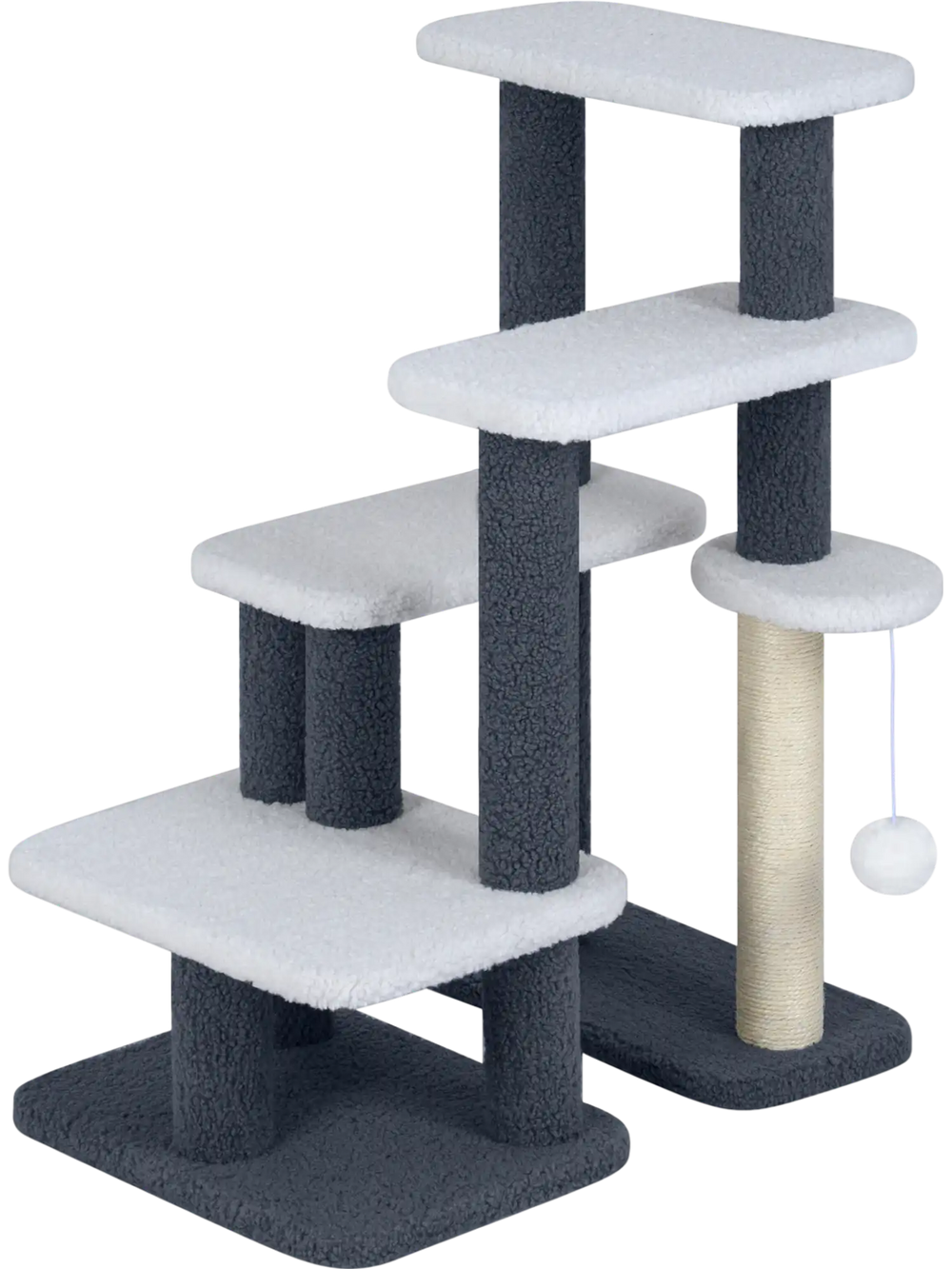 Gray 2-in-1 cat stairs and tree tower with four platforms, scratching post, and hanging toy ball for playful climbing.
