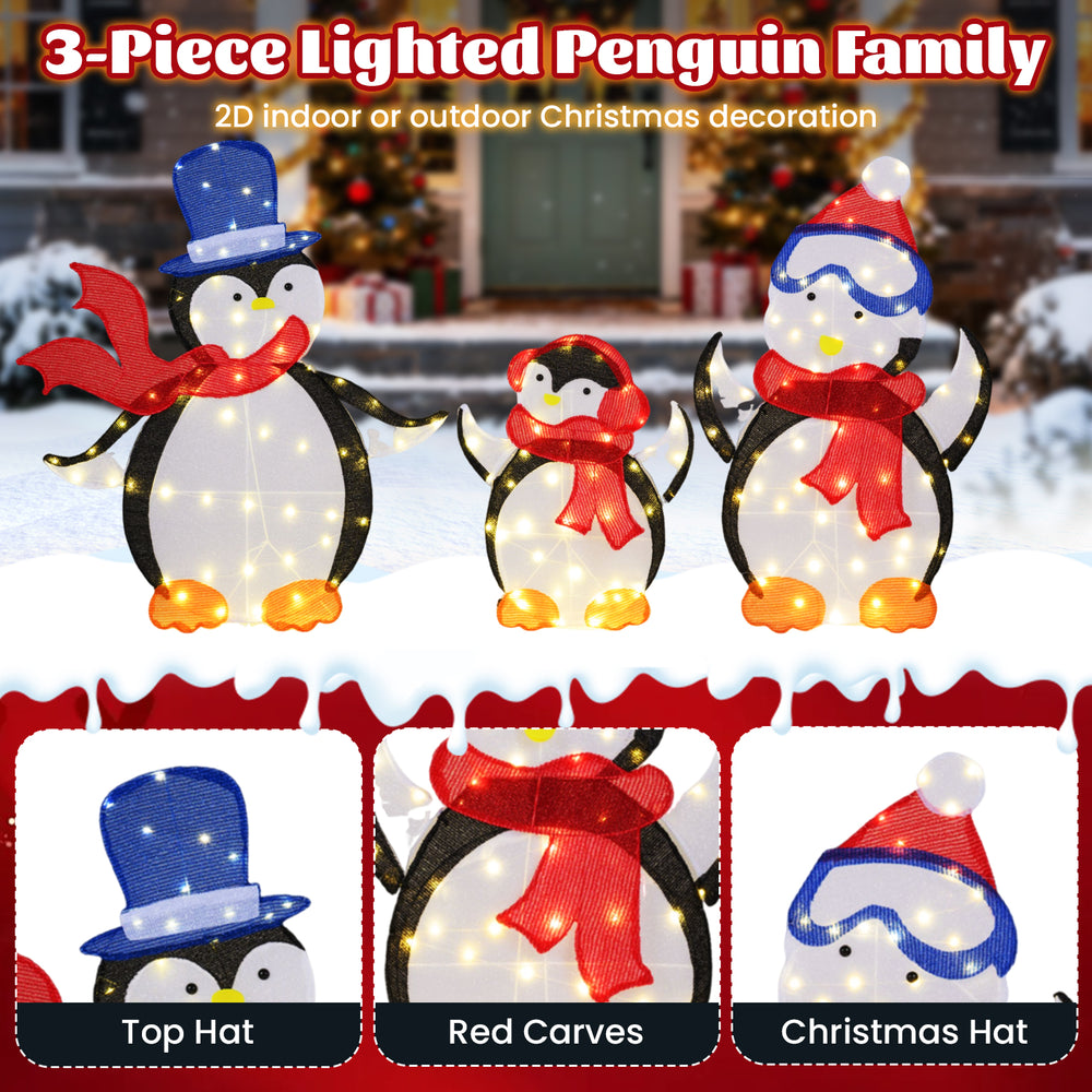 Lighted 3-piece penguin family Christmas decoration with 160 LED lights, featuring festive hats and red scarves for.