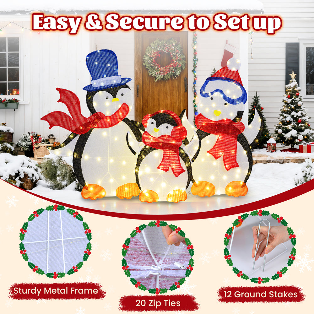 3-piece lighted penguin family Christmas decoration with 160 LED lights, featuring a sturdy metal frame for outdoor use.