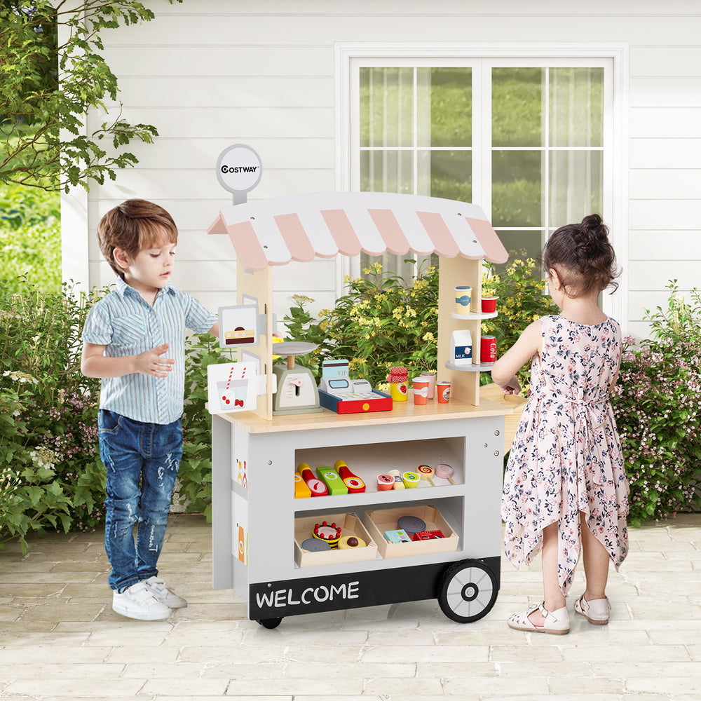 Toy cart play set in grey with POS machine, canopy, and accessories for kids' imaginative play outdoors.