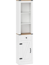 Side view of the 68-inch tall white bathroom cabinet featuring a barn door, drawer, and adjustable shelves for.