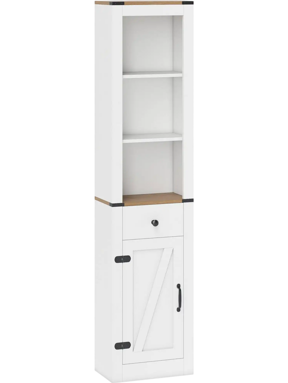 Side view of the 68-inch tall white bathroom cabinet featuring a barn door, drawer, and adjustable shelves for.