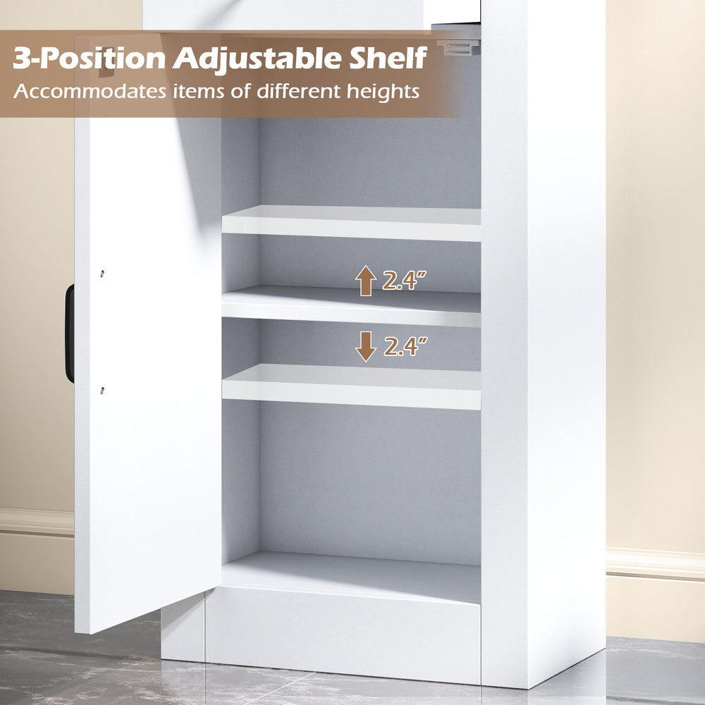 Adjustable shelf inside the 68-inch tall white bathroom cabinet, accommodating items of various heights for organized.