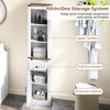 Narrow slim bathroom cabinet with upper shelves, pull-out drawer, and enclosed cabinet for organized storage in white.