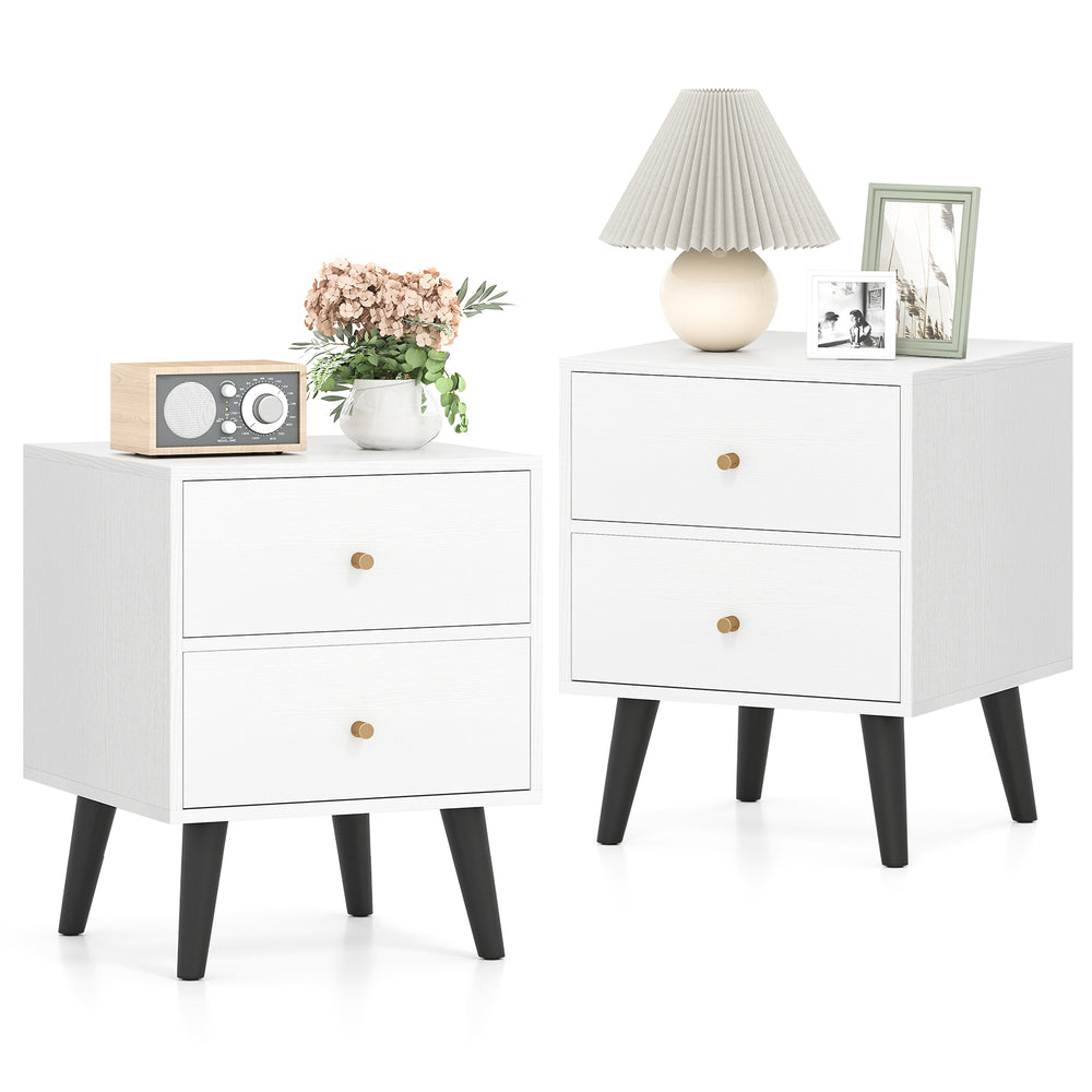 Mid-century modern nightstand set of 2 with golden knobs, featuring spacious drawers and raised support legs for easy.