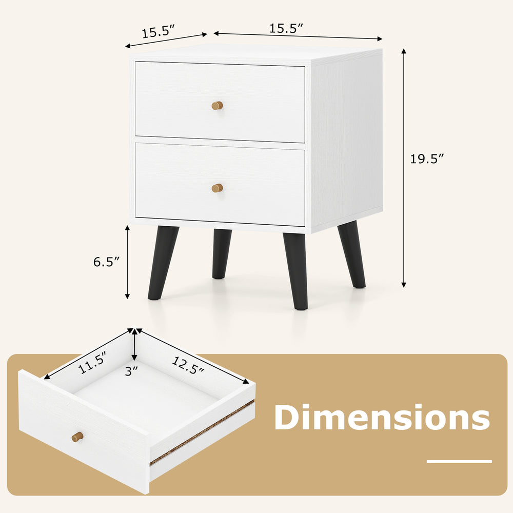 Mid-century modern nightstand with two drawers, golden knobs, and tapered legs for stylish bedside storage.