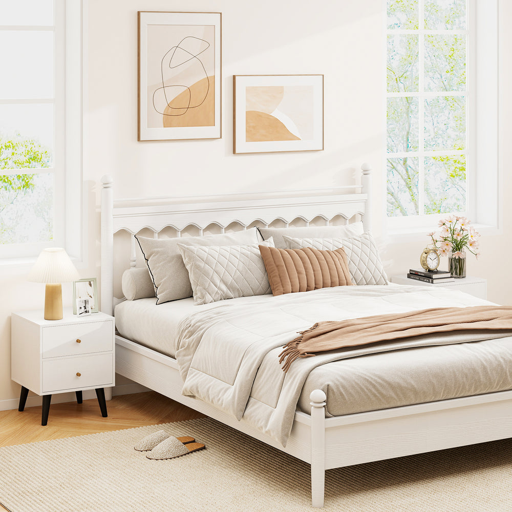 Mid-century modern nightstand set with golden knobs, featuring spacious drawers and raised support legs for easy.