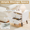 Mid-century modern nightstand with spacious tabletop, two drawers, and golden knobs for stylish bedroom storage.