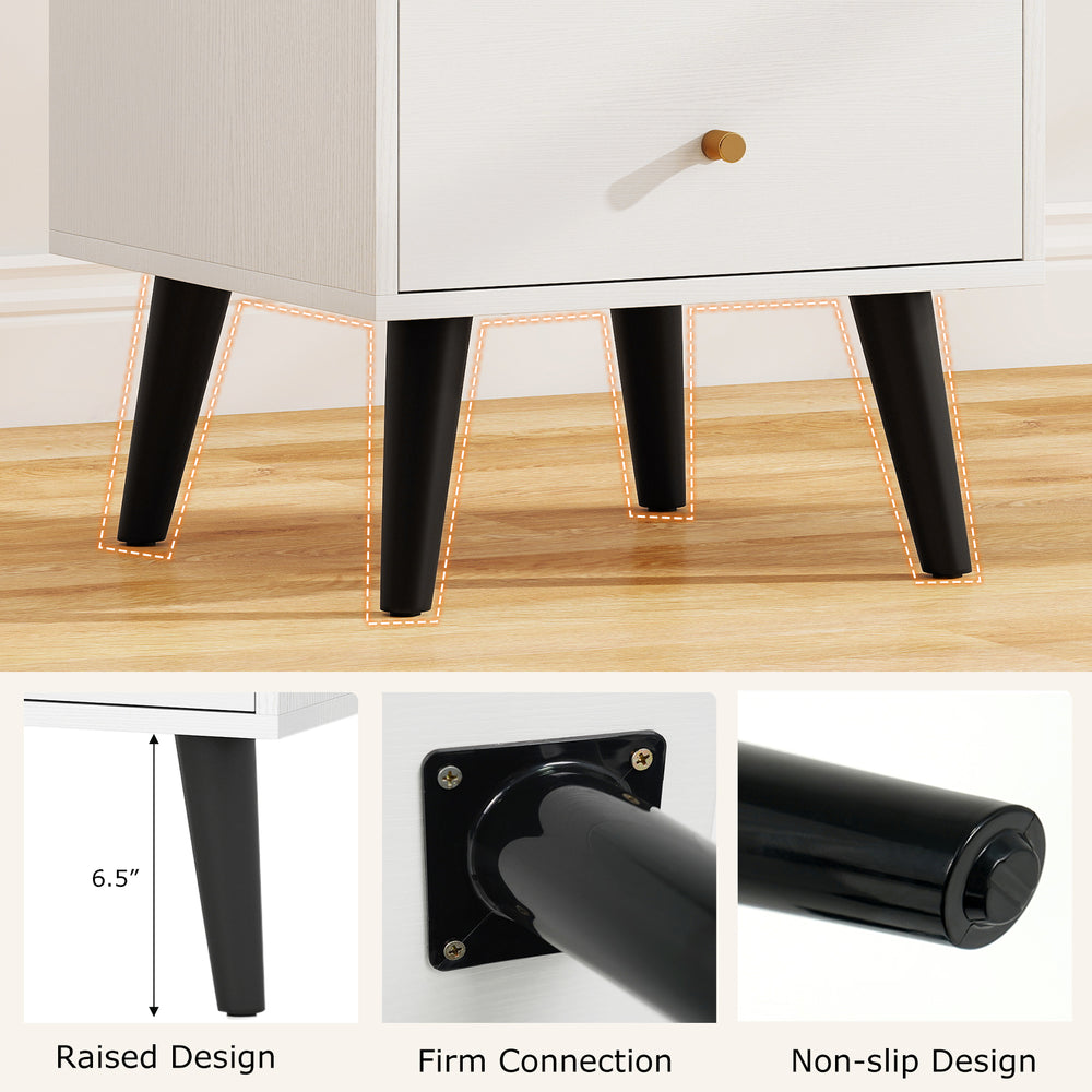 Close-up of the raised black legs of a mid-century modern nightstand, featuring a firm connection and non-slip design.