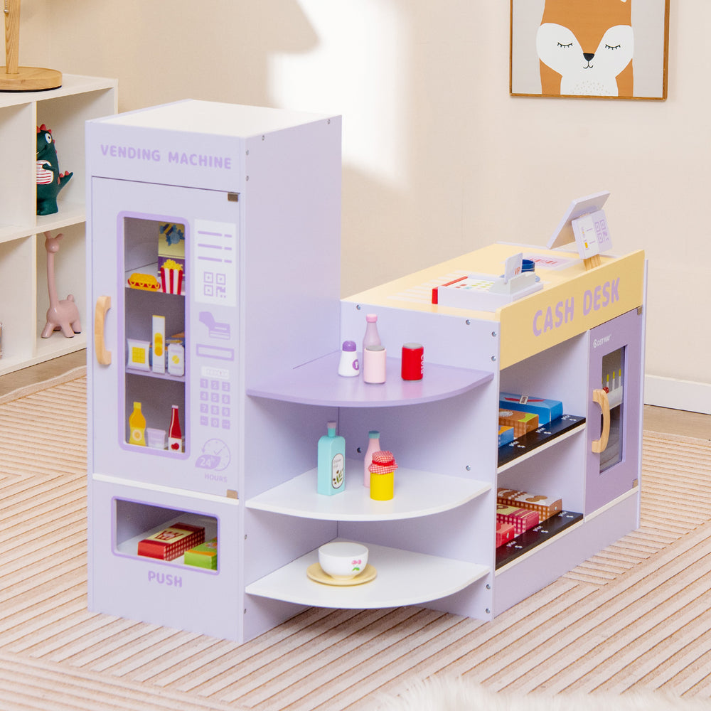 Kids Wooden Supermarket Play Toy Set with Checkout Counter-Purple - Gallery View 1 of 11