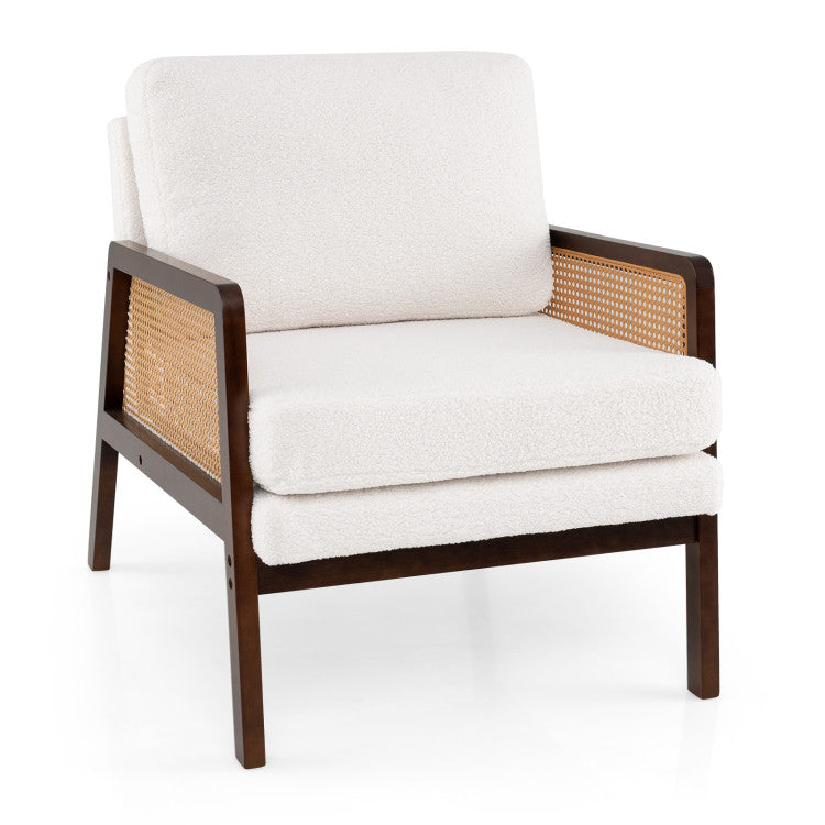 Accent chair with sherpa fabric upholstery and PE rattan details, perfect for living room or office relaxation.