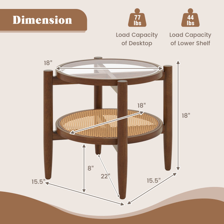 Round side table with tempered glass top and rattan shelf, made of acacia wood, perfect for living room decor.