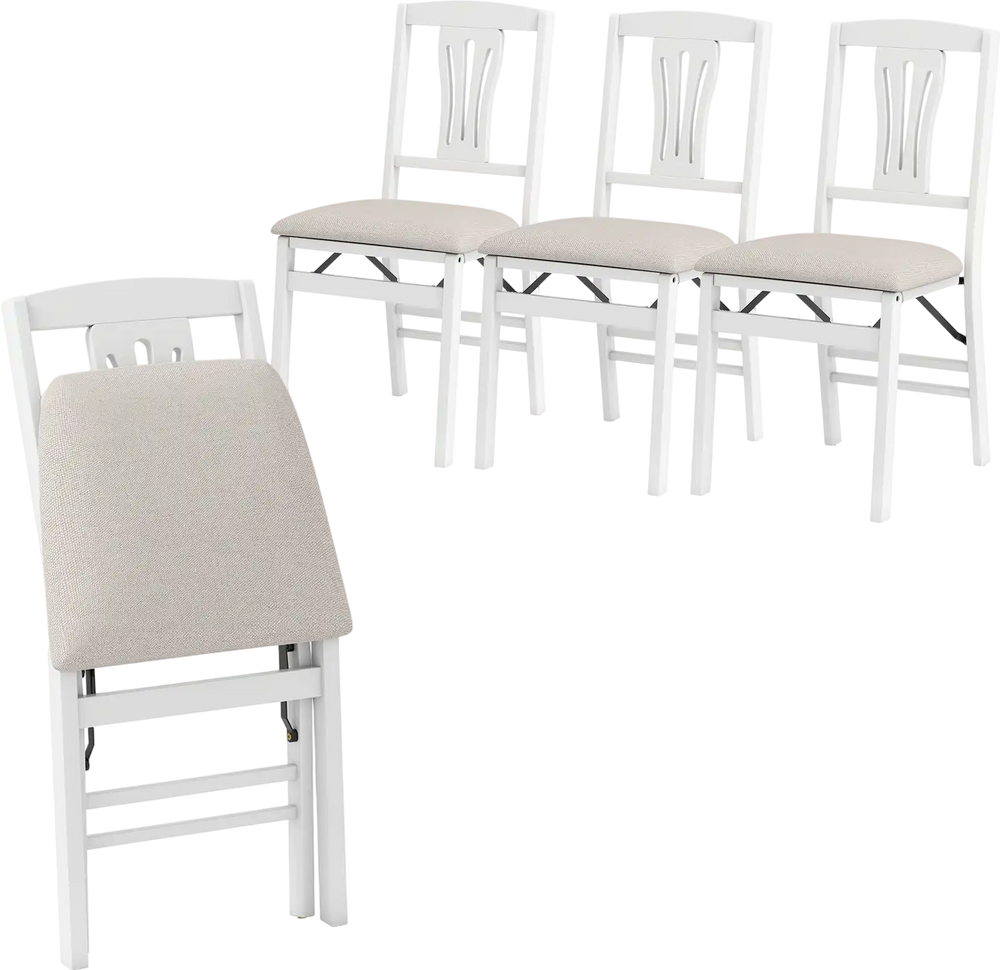 Set of 4 white folding kitchen chairs with upholstered padded seats, ergonomic backrest, and sturdy rubber wood frame.