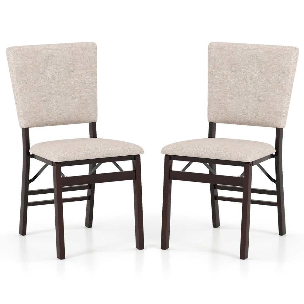 Beige foldable dining chair set of 2 with padded seats and tilt backrests, ideal for kitchens and dining areas.