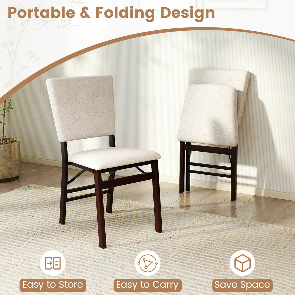 Foldable beige dining chair with padded seat and tilt backrest, ideal for easy storage and portability in kitchens.