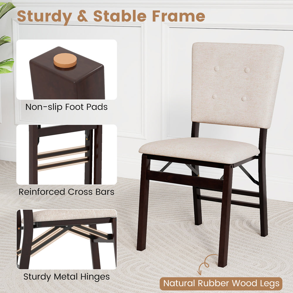 Armless beige foldable dining chair with padded seat, sturdy rubber wood legs, and non-slip foot pads for stability.