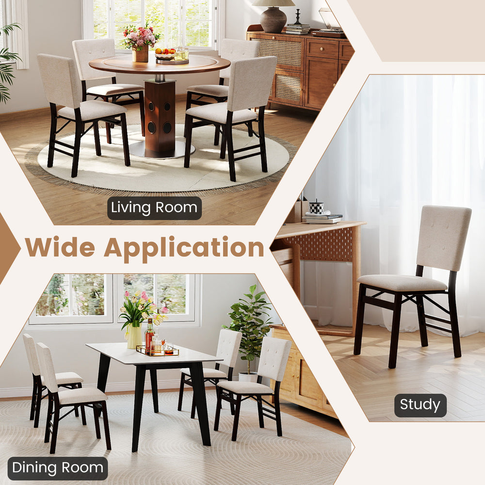 Foldable dining chair set of 4 in beige with padded seats, ideal for kitchens and living rooms, featuring sturdy rubber.