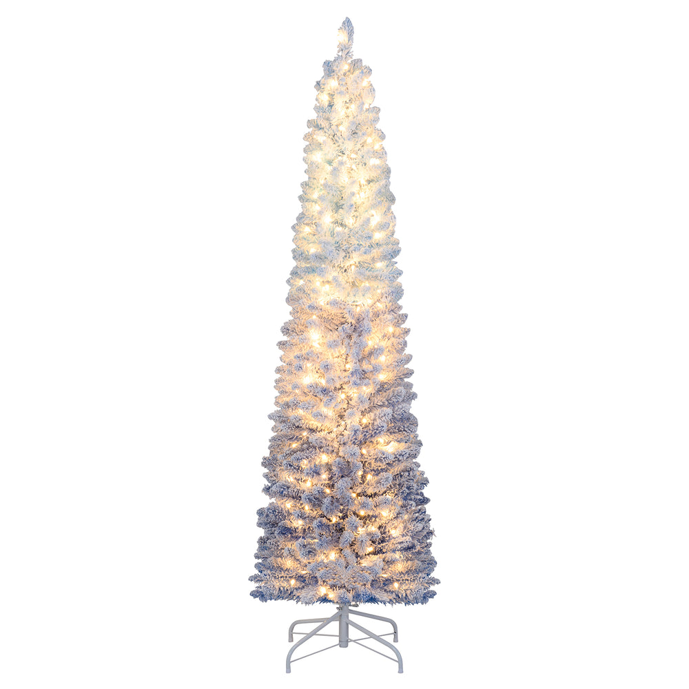 Snow-flocked 6-foot artificial Christmas tree with 220 warm white LED lights, perfect for festive home decor.