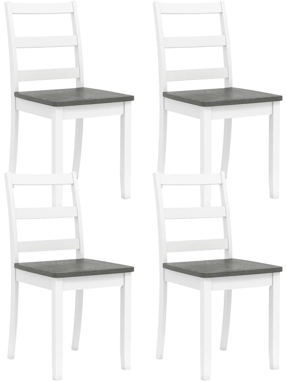 Set of 4 gray wood dining chairs with solid rubber wood legs, featuring a ladder back design for comfort and stability.