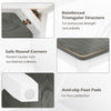 Reinforced triangular structure and anti-slip foot pads of gray wood dining chairs for stability and floor protection.