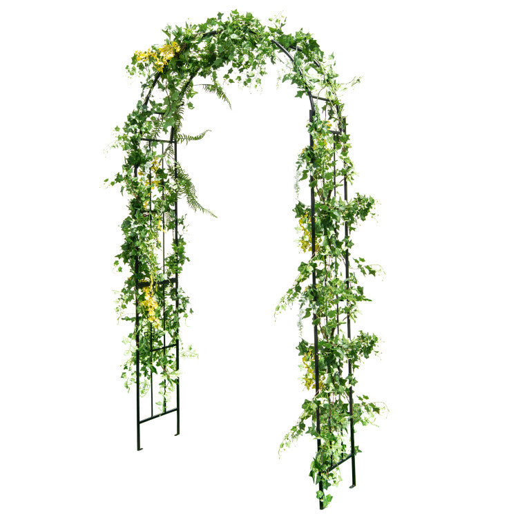 Metal garden arch with climbing plants, rustproof design for outdoor use, perfect for weddings and seasonal decor.