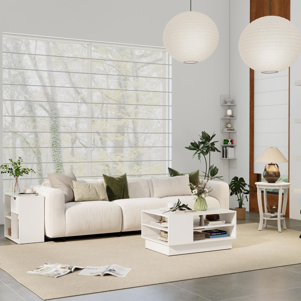 Modern 5-piece living room furniture set featuring a coffee table, side table, and bookcase for versatile storage and.