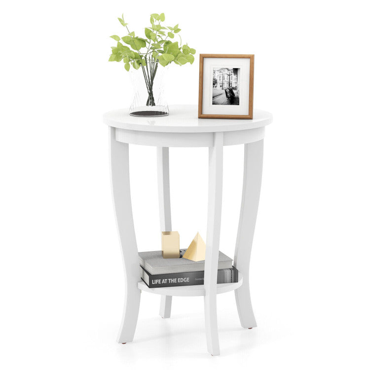 White side table featuring a smooth surface and curved legs, perfect for modern living room decor and compact spaces.