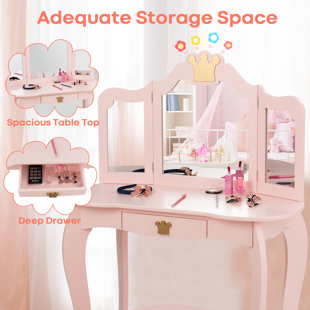 Kids vanity set featuring a spacious table top, tri-folding mirror, and deep drawer for ample storage and organization.