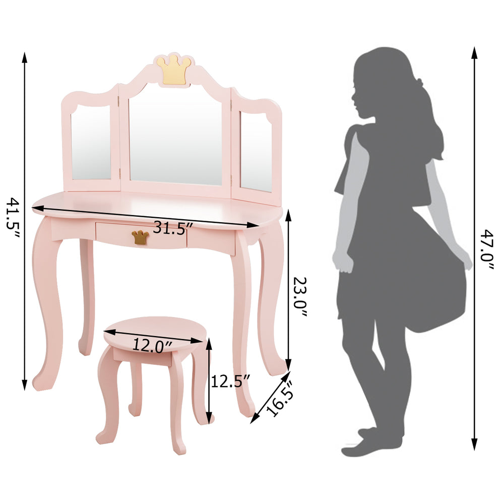 Kids vanity set in pink with tri-fold mirrors, detachable top, and jewelry armoire for stylish storage and play.