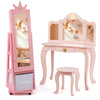 Kids vanity set featuring a pink table, stool, and jewelry armoire with full-length mirror for stylish playtime.