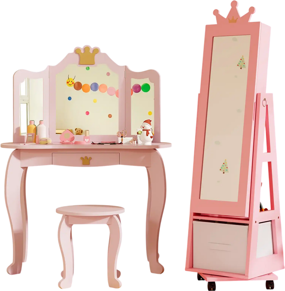 Kids Vanity Set + Kids Jewelry Armoire with Full-Length Mirror with Drawer