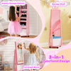 Kids vanity set featuring a full-length mirror, jewelry armoire, and storage drawer for organized play and beauty.