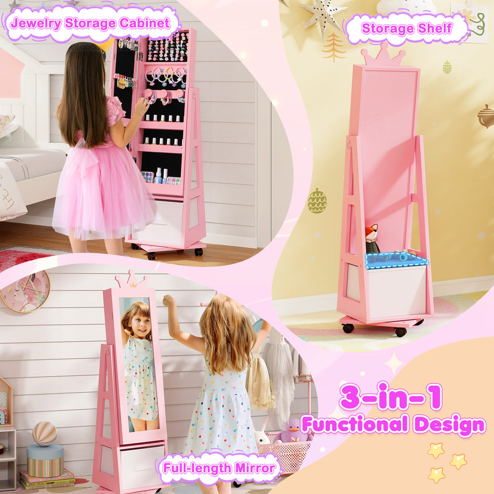 Kids vanity set featuring a full-length mirror, jewelry armoire, and storage drawer for organized play and beauty.
