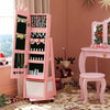 Kids jewelry armoire in pink with full-length mirror, featuring abundant storage and a 360° rotatable base for easy.