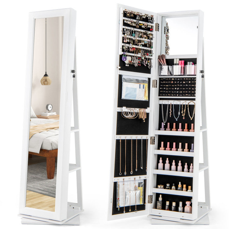 Jewelry armoire with HD mirror and velvet lining, featuring 360° swivel base for easy access to accessories.