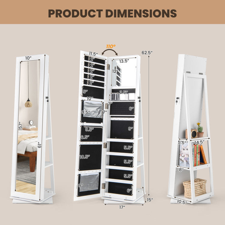 Jewelry armoire with HD explosion-resistant mirror, 360° swivel base, and multiple storage compartments for.