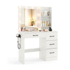 Vanity desk with 3-color lights, drawers, and hair dryer holder, perfect for bedroom organization and beauty routines.