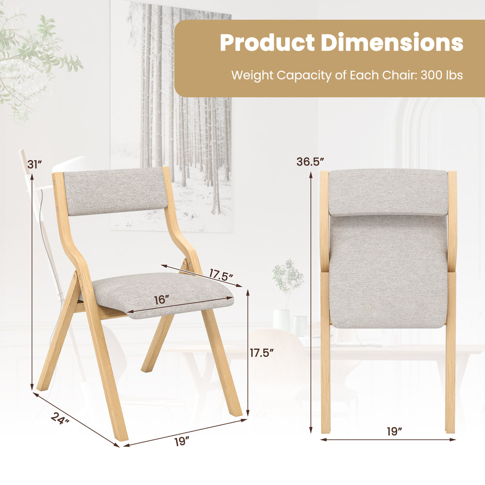 Folding dining chair dimensions with solid wood frame and upholstered seat, ideal for compact spaces and immediate use.