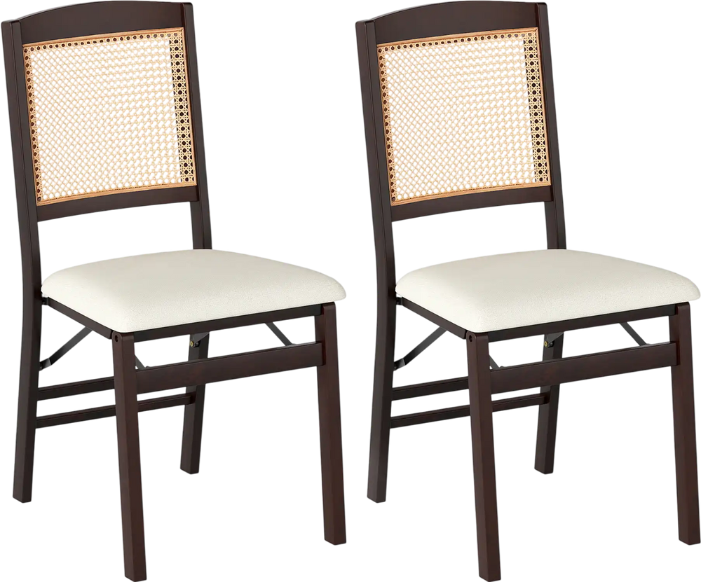 Set of 2 folding dining chairs with rubber wood frame, linen padded seats, and rattan backrest for stylish comfort.