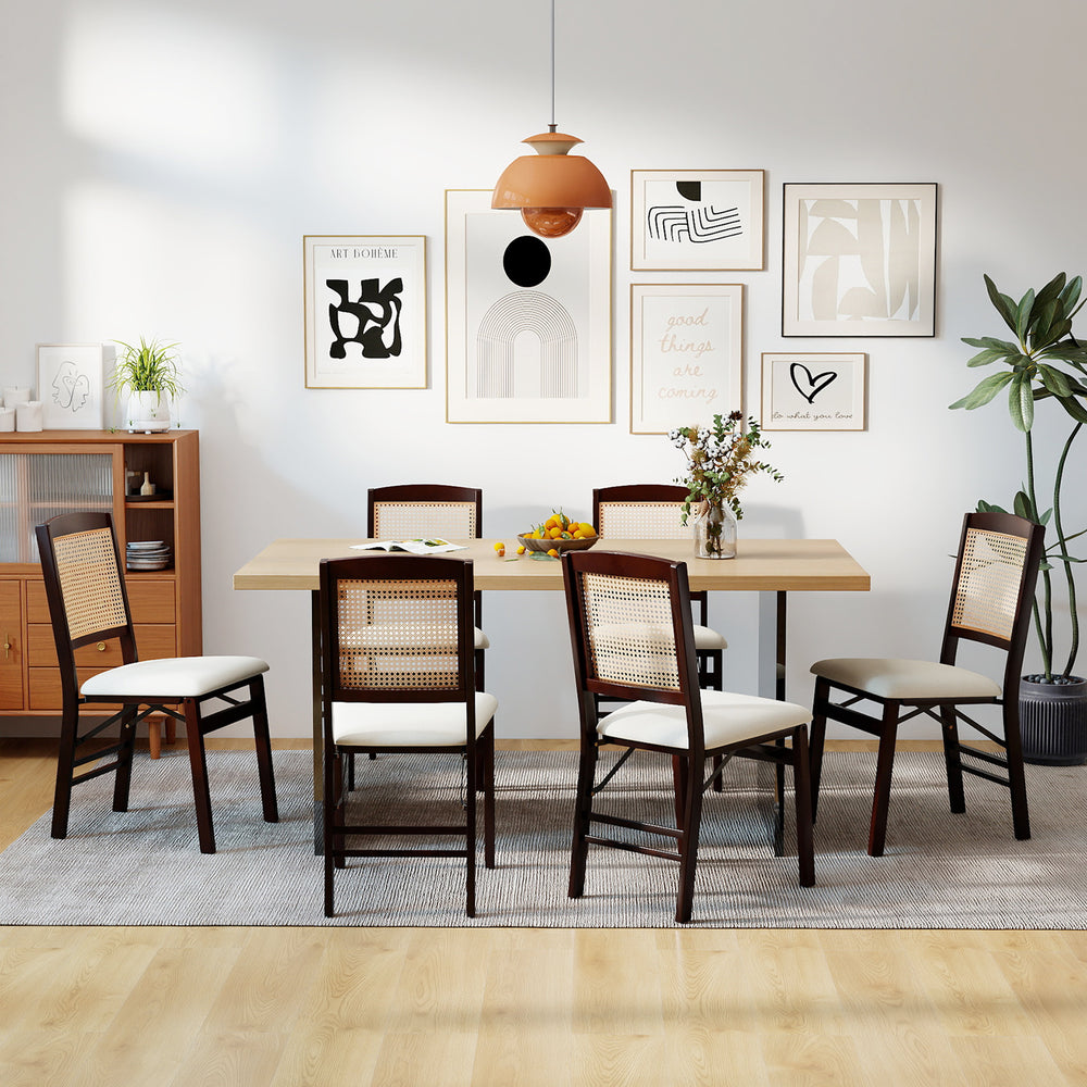 Folding dining chairs set of 2 in coffee with linen padded seats and rattan backrest, ideal for dining rooms or.